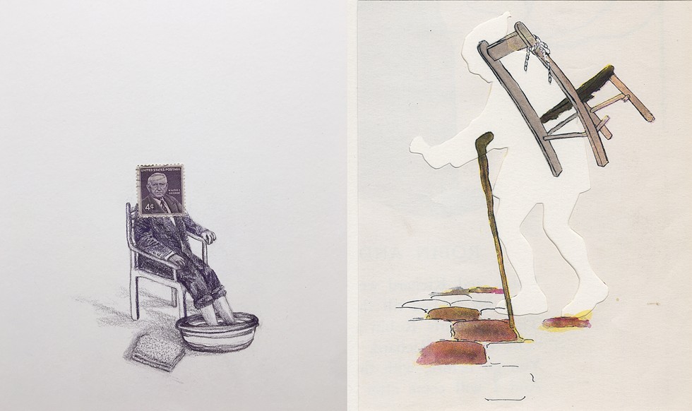 Left: Andrea Moreau, USA (Footbath), 2019, Colored pencil and postage stamp on paper, 11 x 11 inches  Right: Deborah Davidovits, Chair and Cane, 2016, Book page, paper, watercolor, 8 x 10 inches