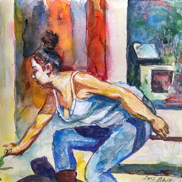 "Study for Street Musicians (tipping)", watercolor.