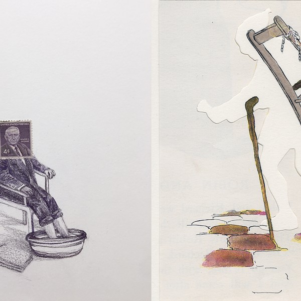 Left: Andrea Moreau, USA (Footbath), 2019, Colored pencil and postage stamp on paper, 11 x 11 inches  Right: Deborah Davidovits, Chair and Cane, 2016, Book page, paper, watercolor, 8 x 10 inches
