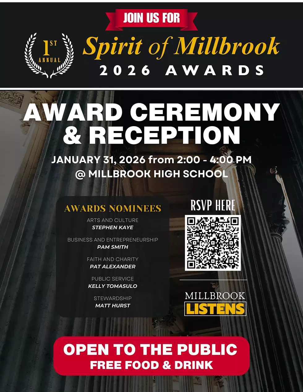 1st Annual Spirit of Millbrook 2026 Awards Ceremony & Reception, January 31, 2026 from 2-4PM @ Millbrook High School
