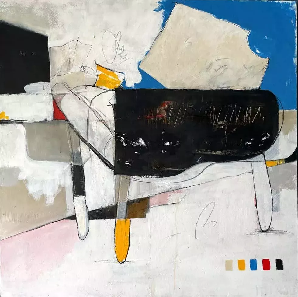 "The Piano," Taj Campman,  acrylic and pencil on canvas. 36 x 36 inches, 2022.