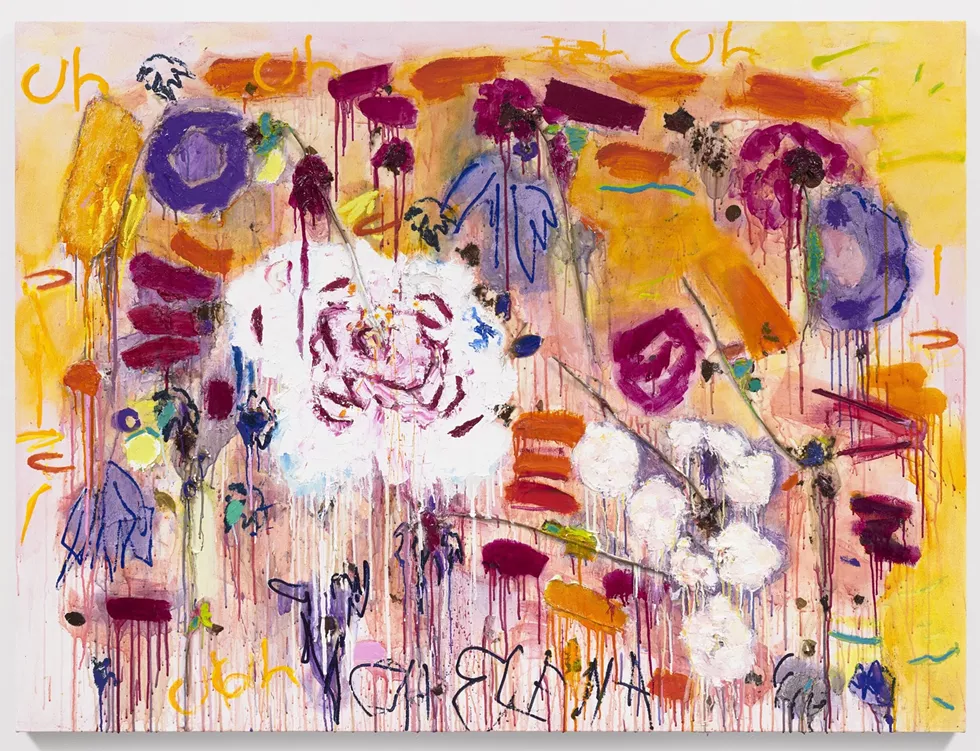 Oh Elena, 2020,- oil, acrylic, rose stems, leaves, glitter on canvas- 54 x 72 in.