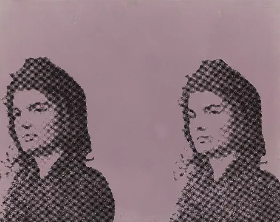 Andy Warhol, "Jackie II, Trial Proof," 1966 Color screenprint in black and lavender iridescent inks on paperboard. Gift of Bannon McHenry (Bannon Jones, class of 1952) 1984.43.2