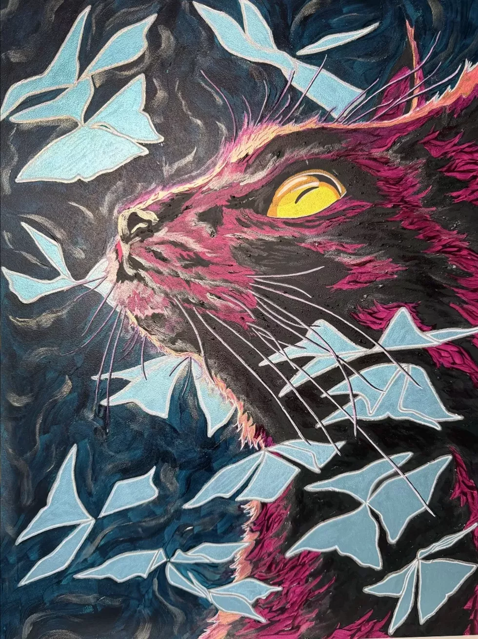 Mystic Cat No. 2, acrylic on gesso panel, 12&rdquo;x16"