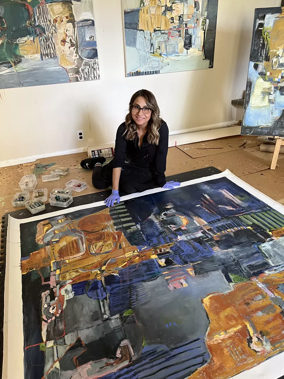 Artist Roohi Saleem in her studio with 'Contingent Spaces', on exhibit April 1 - May 21 at Pinkwater Gallery.