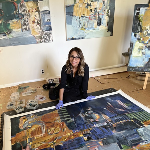 Artist Roohi Saleem in her studio with 'Contingent Spaces', on exhibit April 1 - May 21 at Pinkwater Gallery.