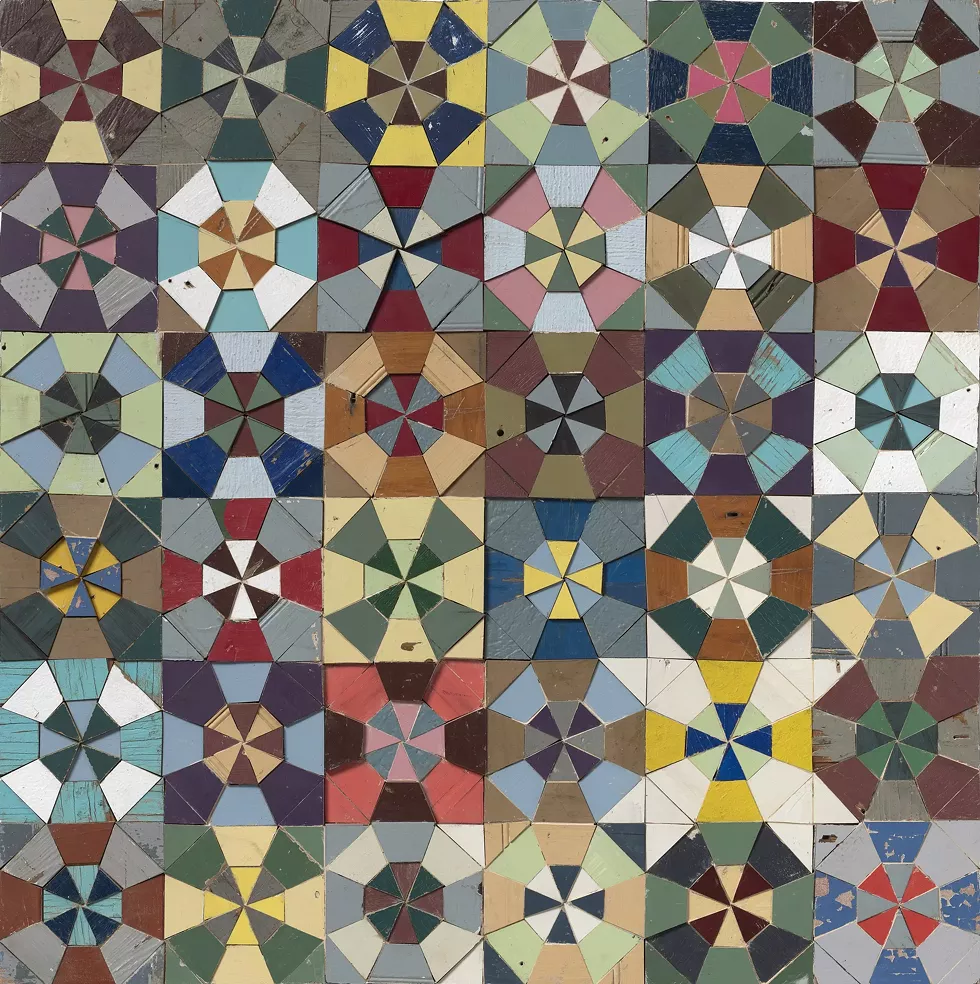 Laura Petrovich-Cheney, Enough Said, 2024, salvaged wood, 36 x 36 x 2 inches