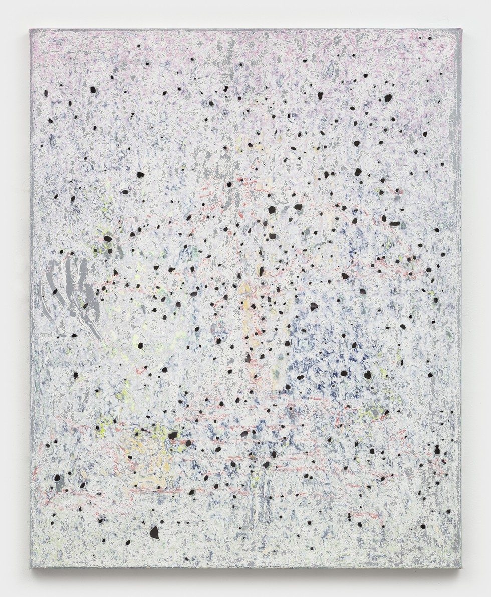 Kadar Brock, "soul flight, can make you feel good, and that's always right, with the flick of a switch, comes from high," 2022, oil, spray paint, and house paint on canvas, 60h x 48w x 2d inches