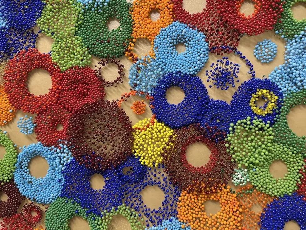 Beth Dary, "Tussy Mussy" Kinetic sculpture &mdash; glass pins on steel frame, fabric, encaustic