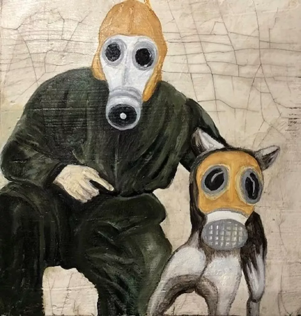 Betsey Regan, Gasmasks 2, 2021, Fresco on cardboard, 12&rdquo; x 12.