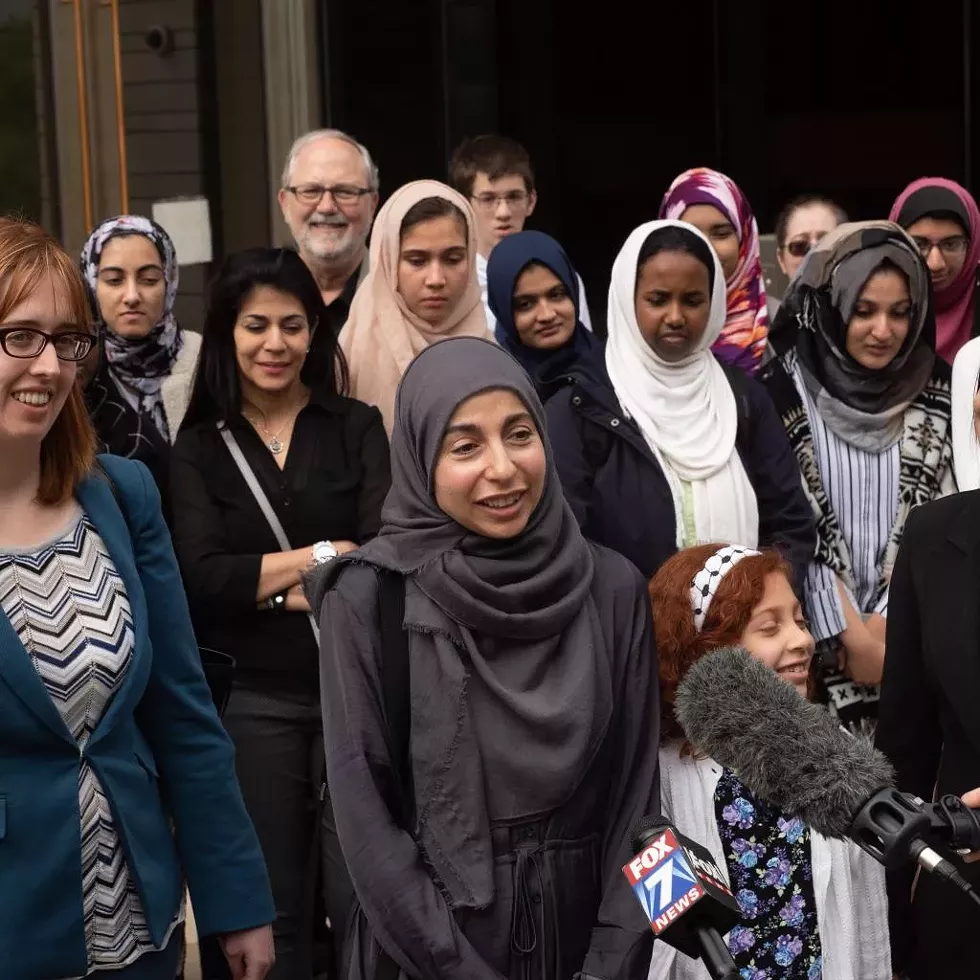 Bahia Amawi speaking to journalists at a press conference outside of a Texas courthouse as seen in Just Vision&rsquo;s documentary Boycott.