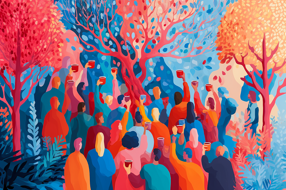 A colorful image of people holding up cups of cacao celebrating their roots and family tree.