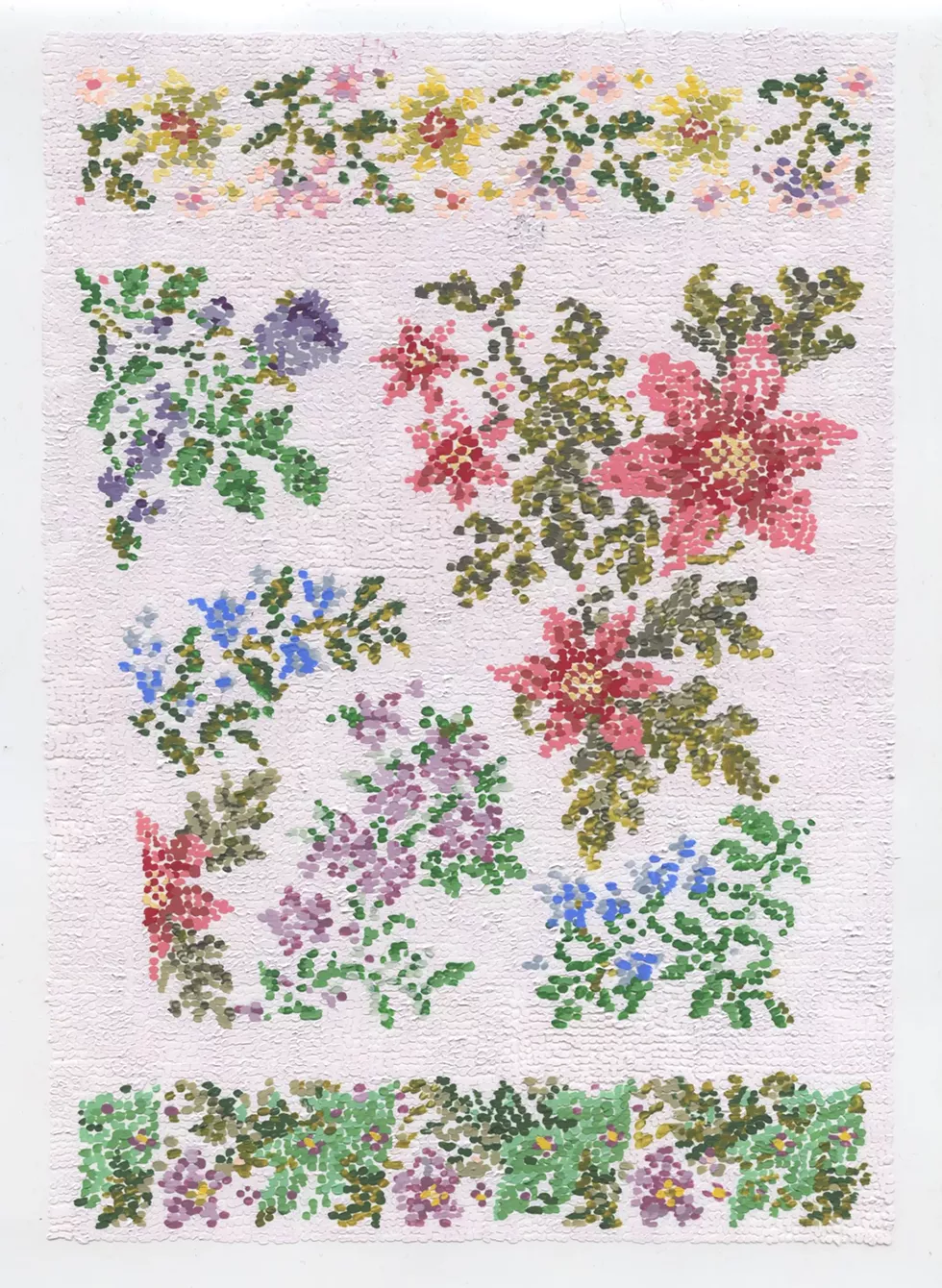Kirstin Lamb, After Floral Cross Stitch Pattern with Poinsettias, 2021, acrylic and gouache on Duralar mounted on panel, 10 x 7.5 inches