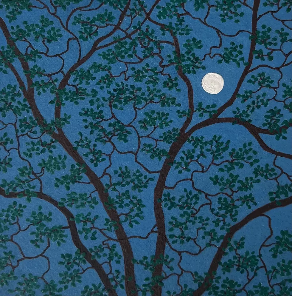 Gregory Hennen, Full Moon and the Locust Tree, Wyatt Mountain, 2023, gouache on paper, 5 x 5 inches