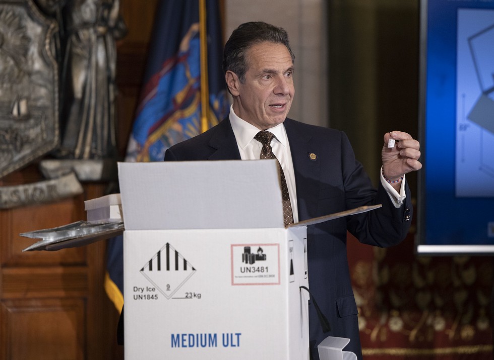 Governor Cuomo displayed a box of empty vials during a briefing last week, demonstrating how the packages will be shipped to states.
