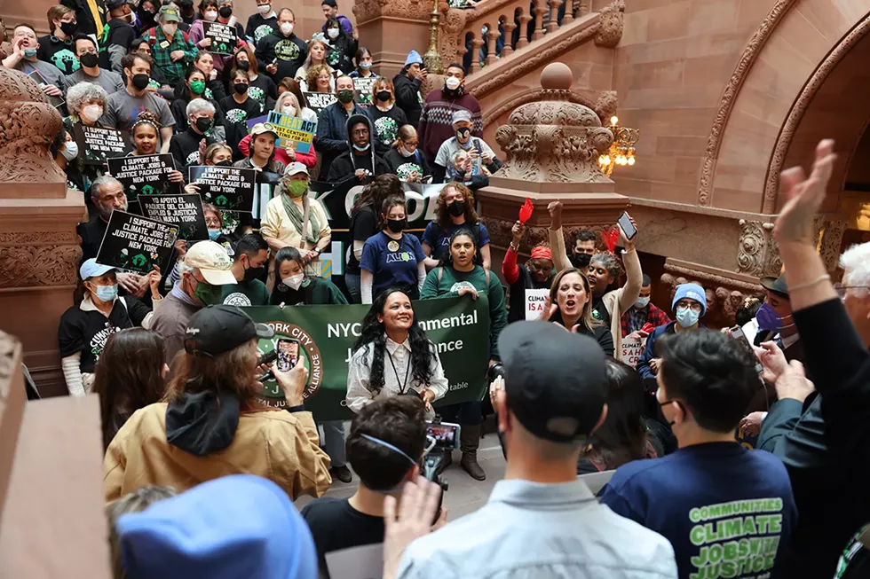 Assemblymember Shrestha speaks at an Environmental Justice rally in the Capitol Building, Albany NY.