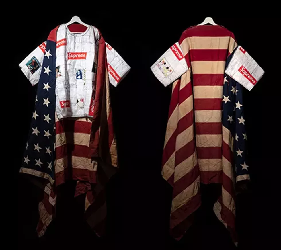 Dong Kyu Kim, "Shape of You," 2020, paper receipts, threads, microfiber cloths, American flag, 70 x 48 in.