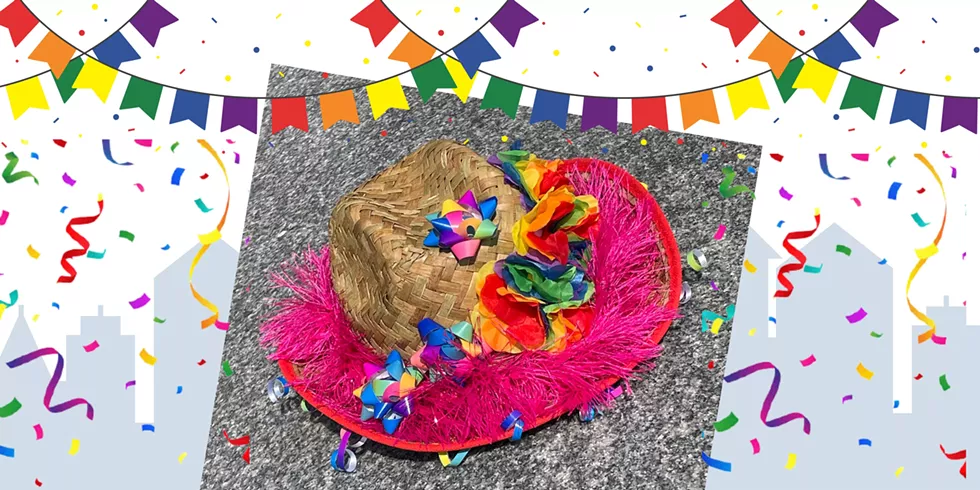 A rainbow-decorated hat