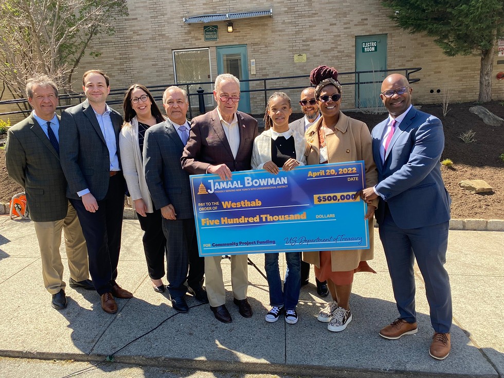 Westhab CEO Rich Nightingale (second from left), with US Senator Chuck Schumer (center), US Congressman Jamaal Bowman (right), and community leaders at an April 20 press conference announcing funding for affordable housing in Yonkers.