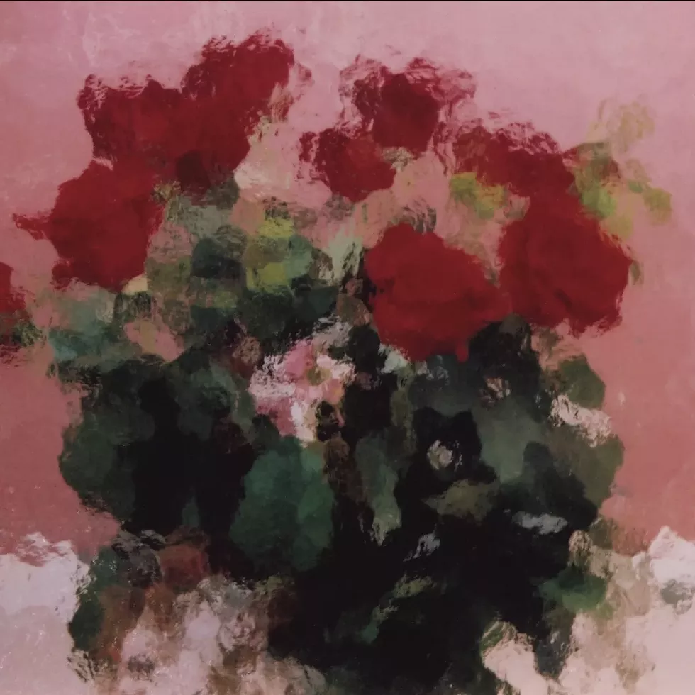 Bowl of Flowers; photo taken through glass