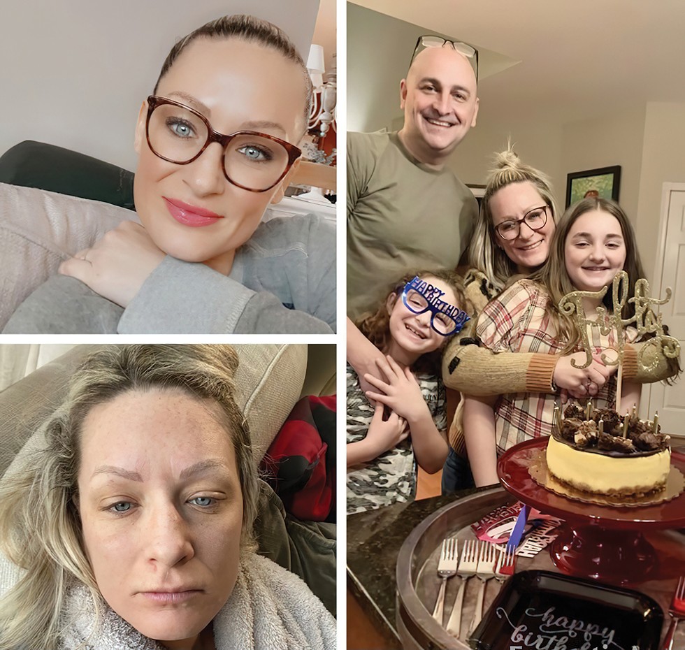 Top left: Ashley Pugliese after contracting COVID in February 2020. Below and right: Pugliese alone and with her family, February 2021.