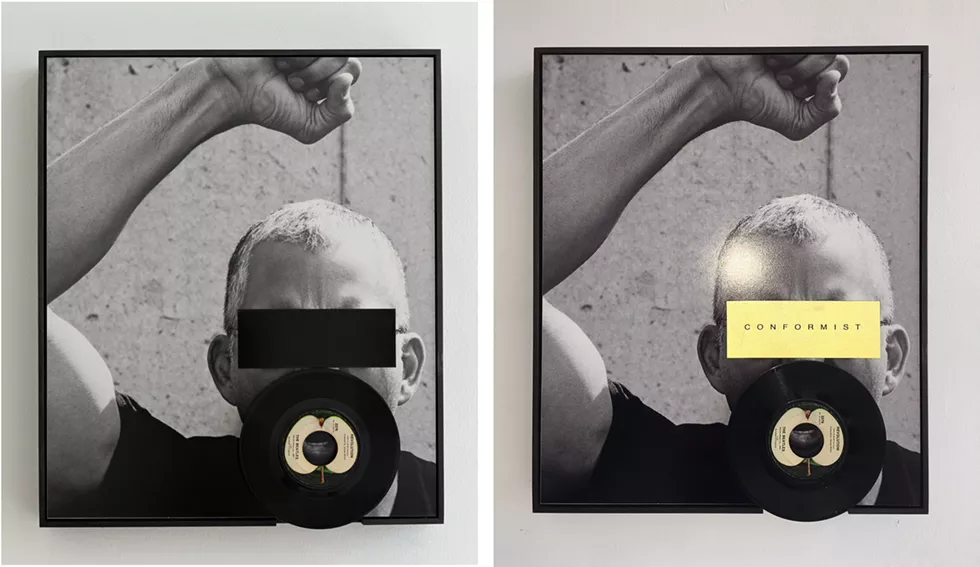 Diane King, Revolution, 2018, Blackened steel, rotation device, retroreflective vinyl, 45 record, uv ink on Baryta paper, iPhone Flash for reveal [supplied by viewer], 18 x 21.5 inches.