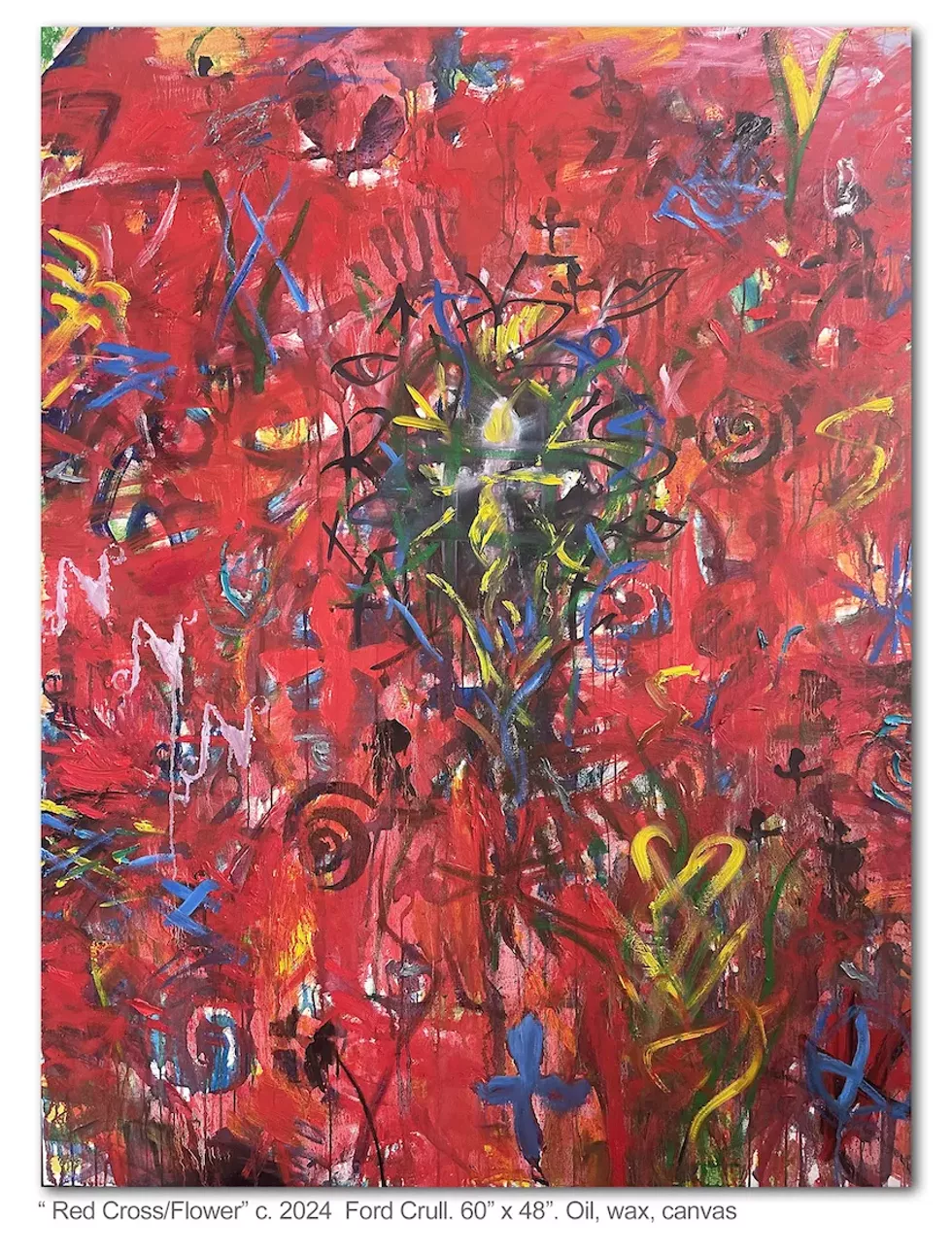 Ford Crull "Red Cross/Flower, 2024 oil, wax on canvas, 60" x 48"