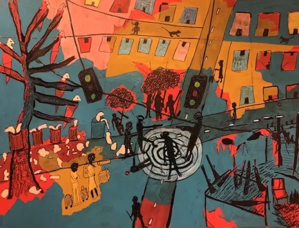 Traffic Stop (In Memoriam for Tyre Nichols), 2023, 20&rdquo; x 25.5&rdquo;, acrylic, marker, crayons on paper