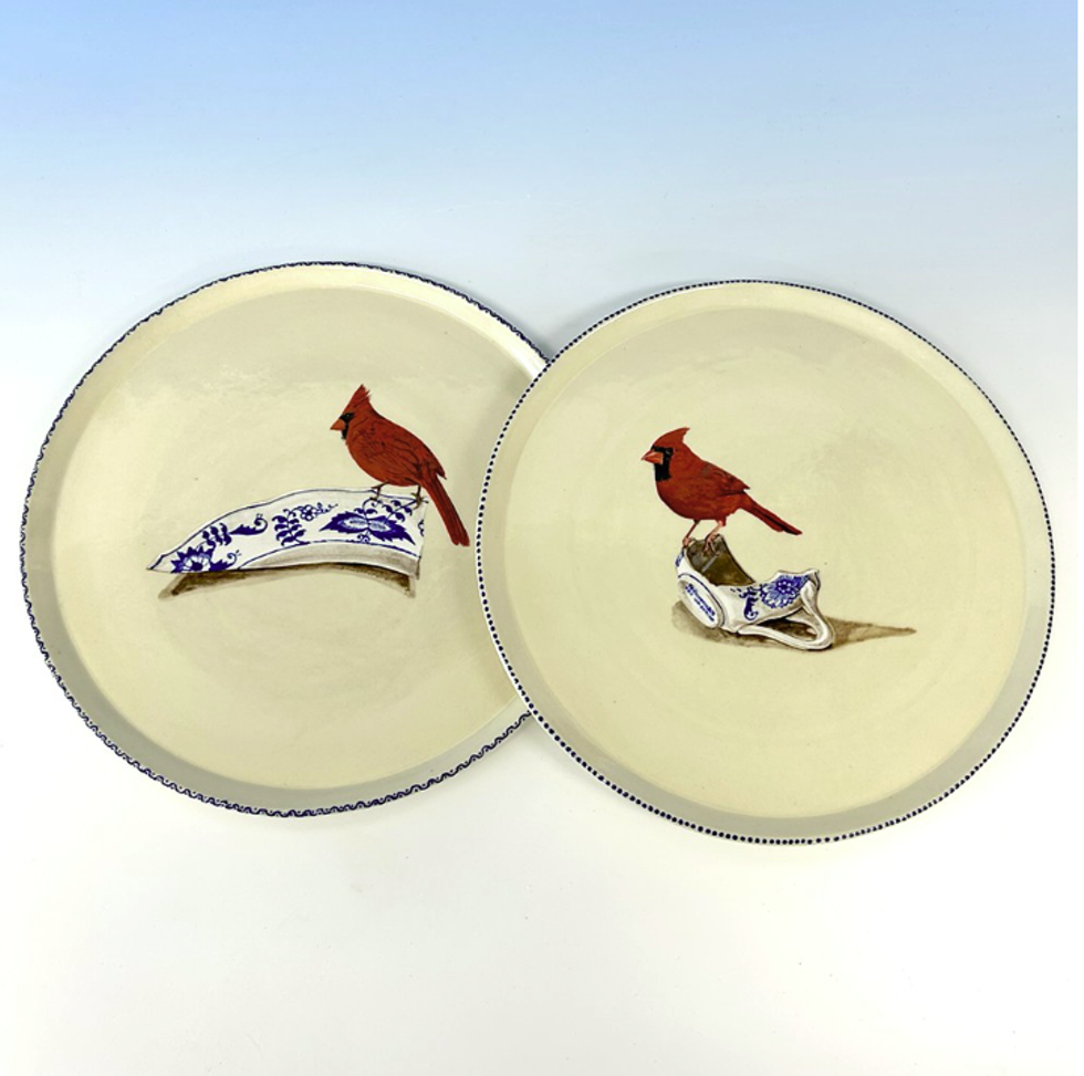 Cardinals and Blue Danube Sherds Plates by Chantelle Norton.