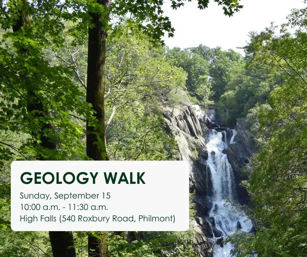 A picture of a waterfall with the text Geology Walk Sunday, September 15 10:00 a.m. to 11:30 a.m. at High Falls (540 Roxbury Road, Philmont)