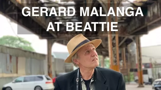 Image: Gerard Malanga poetry reading outdoors at Beattie