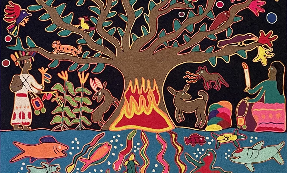 A healing session depicted in the art of the Huichol people of Mexico