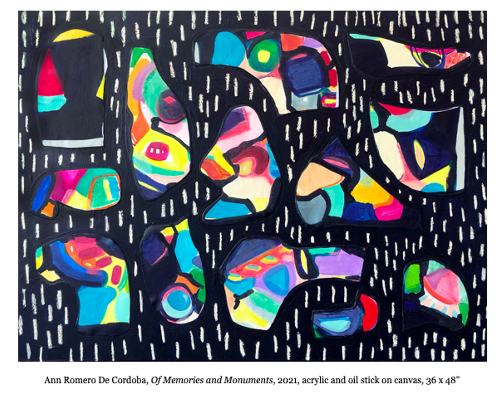 Ann Romero De Cordoba, Of Memories and Monuments, 2021, acrylic and oil stick on canvas, 36 x 48"