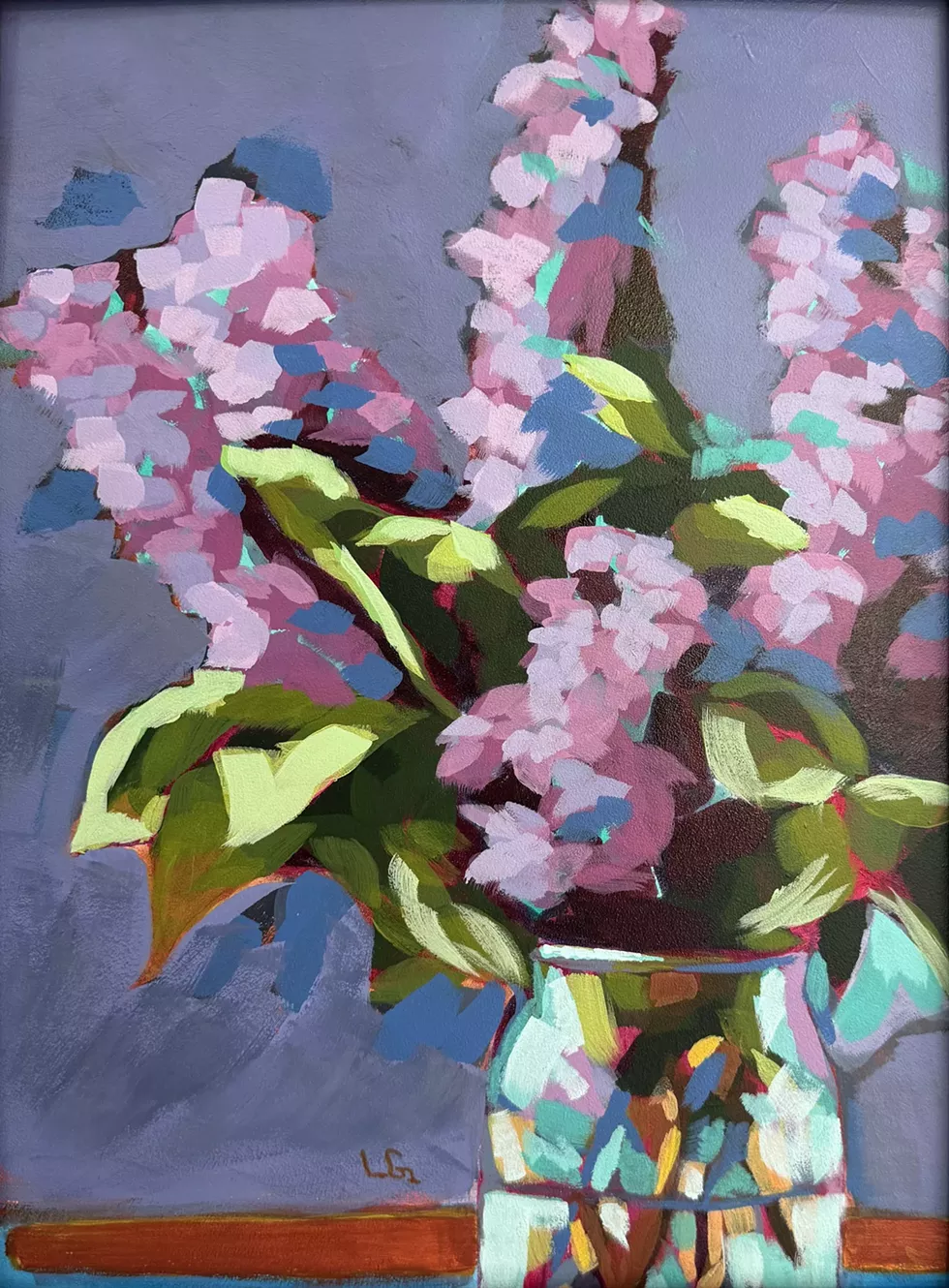 A painting of a vase with purple flowers