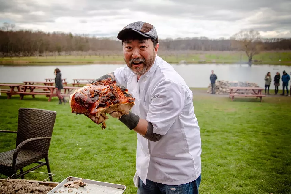 Brooklyn Cider House cidermaker Peter Yi at a previous pig roast