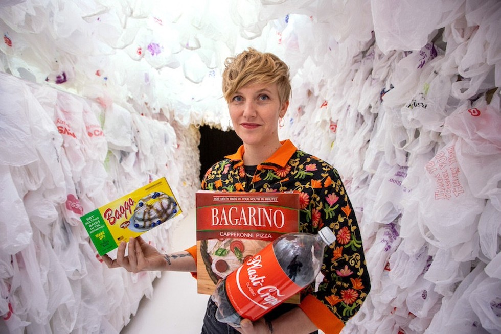 Robin Frohardt with items from “The Plastic Bag Store,” her installation at Mass MoCA in North Adams, Massachusetts.