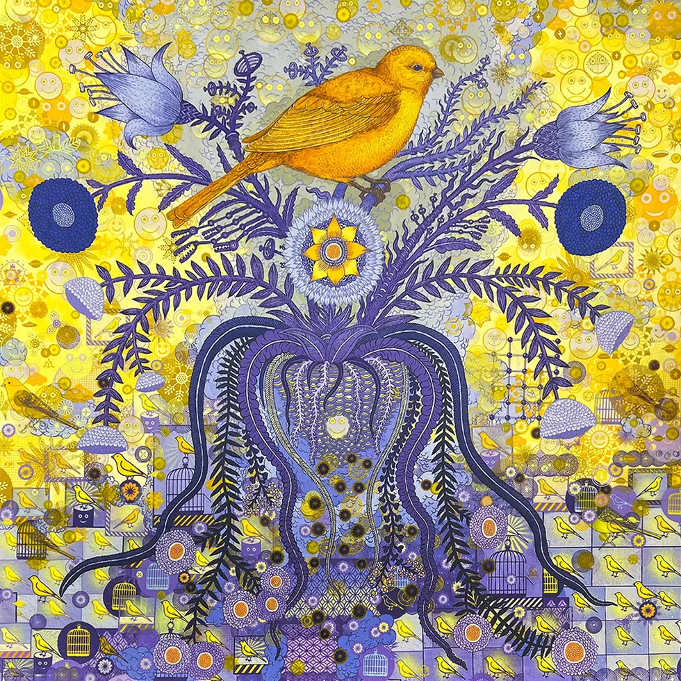 Peter Hamlin, Synthetic Songbird, 2024, acrylic on canvas, 30 x 30 inches