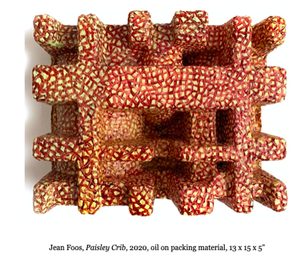 Jean Foos, Paisley Crib, 2020, oil on packing material, 13 x 15 x 5"