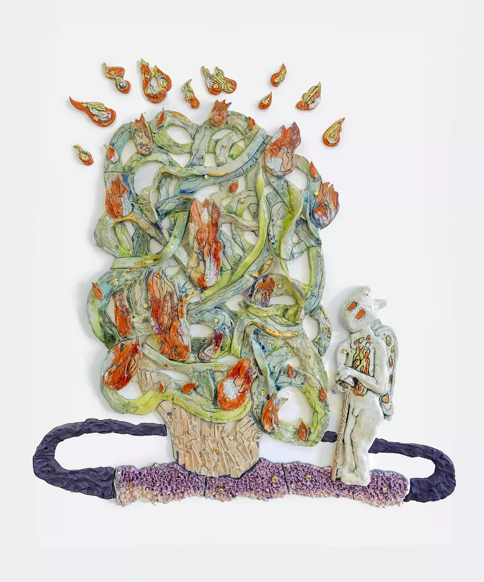 Talking (55&rdquo; x 45&rdquo; x 3&rdquo;)  Porcelain, stoneware, glaze, gold luster, 2023