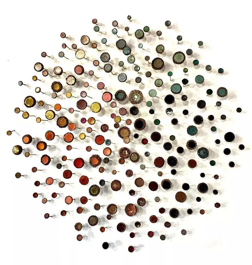 Julie Maren, Elemental, 2024, acorn tops, acrylic, pyrite, mica, glass, rubber 36 inches diameter x 6 inches deep