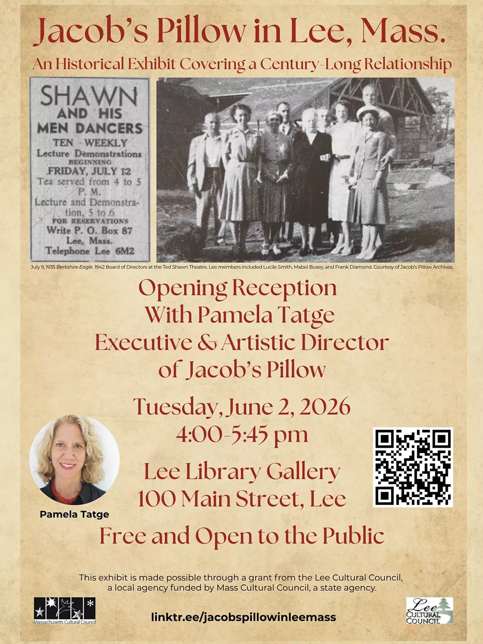 July 9, 1935 Berkshire Eagle. 1942 Board of Directors at the Ted Shawn Theatre. Lee members included Lucile Smith, Mabel Busey, and Frank Diamond. Courtesy of Jacob&rsquo;s Pillow Archives.