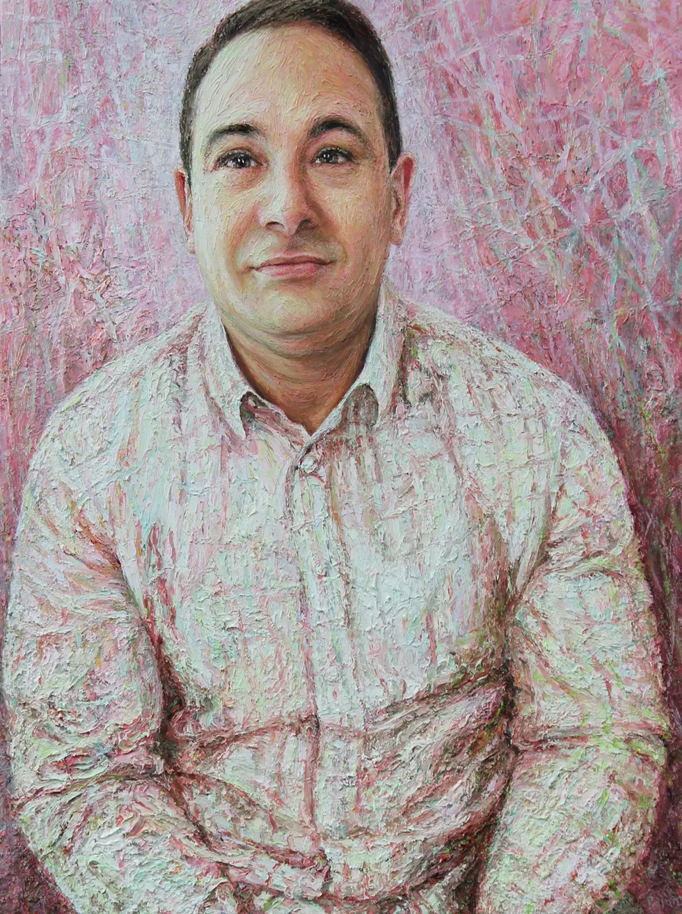 Pink Plaid, oil on canvas, 2025, 40 x 30 in.