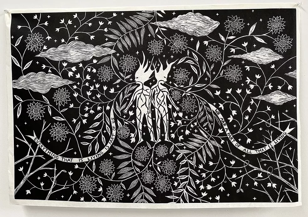 Everything that is living is part of us; 2023-4; 36 x 24; linocut