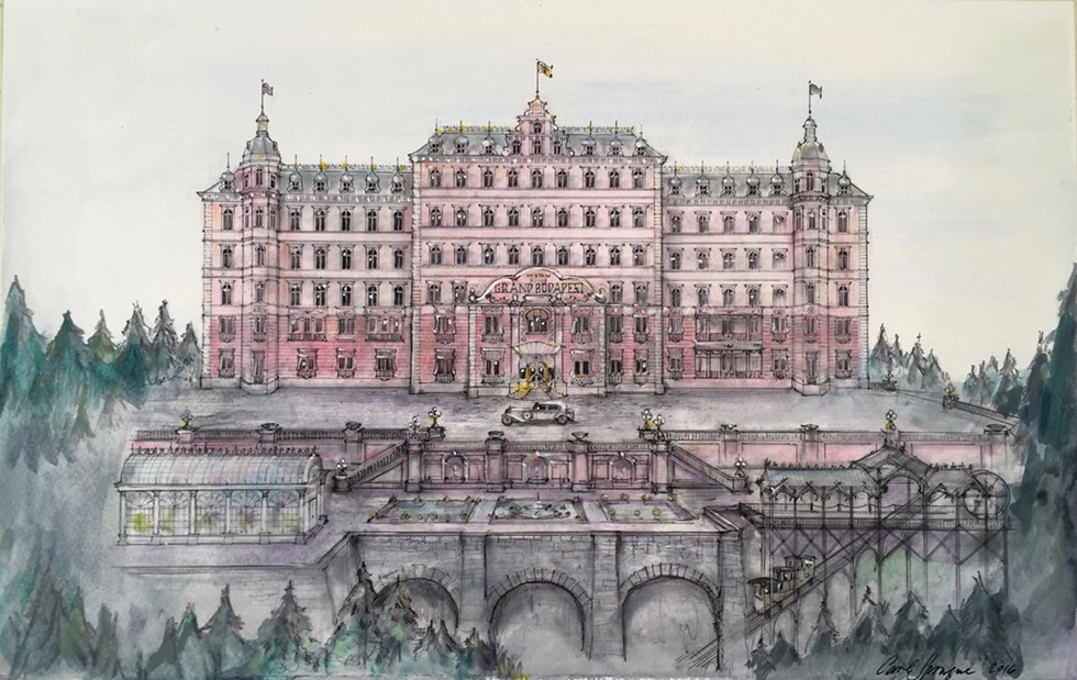 Drawing for Grand Budapest Hotel, Carl Sprague, ink and watercolor, 2016. Sprague, a stage and screen designer, is showing drawings and designs from his many of the projects he's worked on, including his longstanding collaboration with filmmaker Wes Anderson. Through February 24 at Opalka Gallery in Albany.