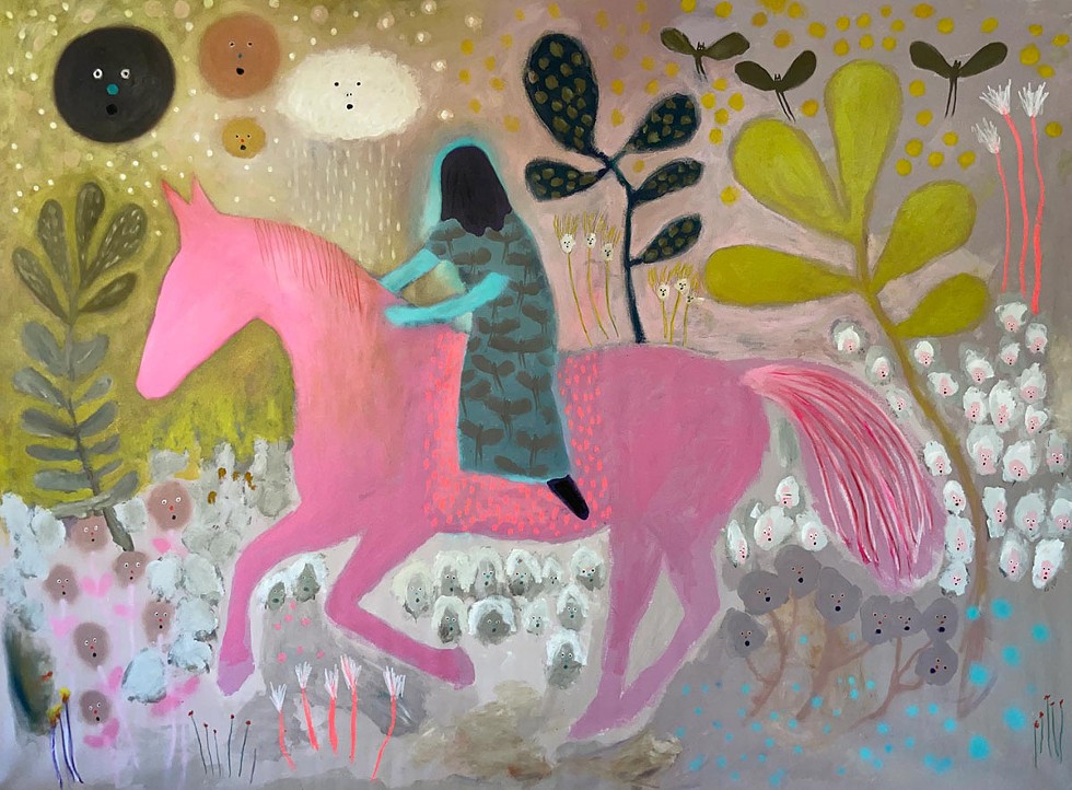 "Night Ride, Anthem for New Gods," Michael McGrath, oil and oil pastel on canvas. From the exhibition "A Song to Follow" at 1053 Gallery in Fleischmanns.