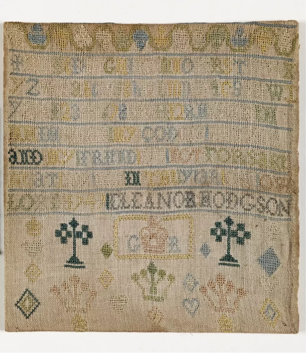 Eleanor Hodgson (British), Sampler, 1749, silk embroidery on linen. Frances Lehman Loeb Art Center, Vassar College. Gift of Tessa Bowman Smith, class of 1954, originally given by her father Wilfrid Venn Bowman, on her 19th birthday 2003.23.