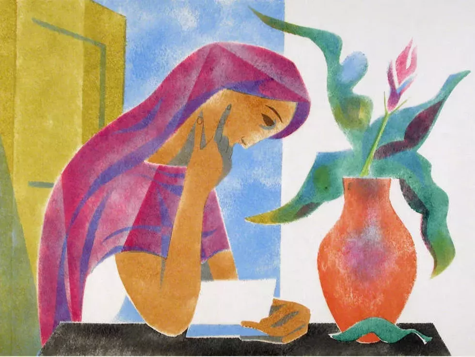 Anton Refregier, Mexican Woman Reading, 1977, color woodcut.