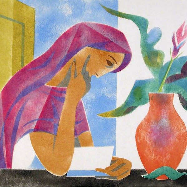 Anton Refregier, Mexican Woman Reading, 1977, color woodcut.