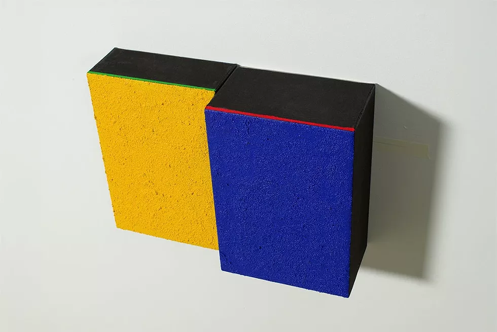 Lucio Pozzi, Small Level Bueyellow Upfront (HLR), 2016. Acrylic and sawdust on canvas on plywood. Two parts, 11 &frac14; x 7 &frac34; x 4 &frac34;; 11 &frac14; x 7&frac34; x 3 1/4 in.