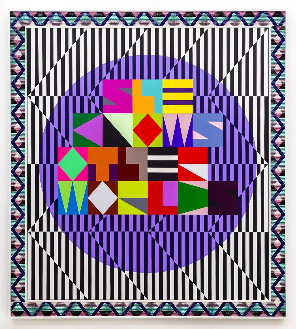 Jeffrey Gibson (Mississippi Band of Choctaw and Cherokee), SHE KNOWS OTHER WORLDS, 2019, acrylic on canvas, glass beads and artificial sinew inset into custom wood frame, 82 &times; 74 inches, Forge Project Collection, traditional lands of the Moh-He-Con-Nuck